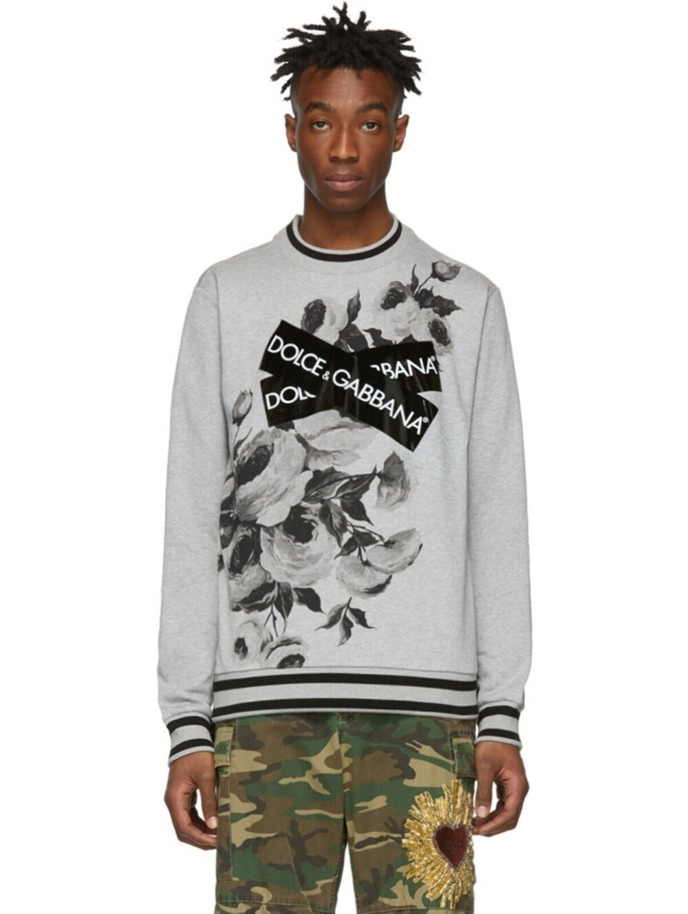 Dolce & Gabbana Grey Floral Logo Knit Sweatshirt Size 48